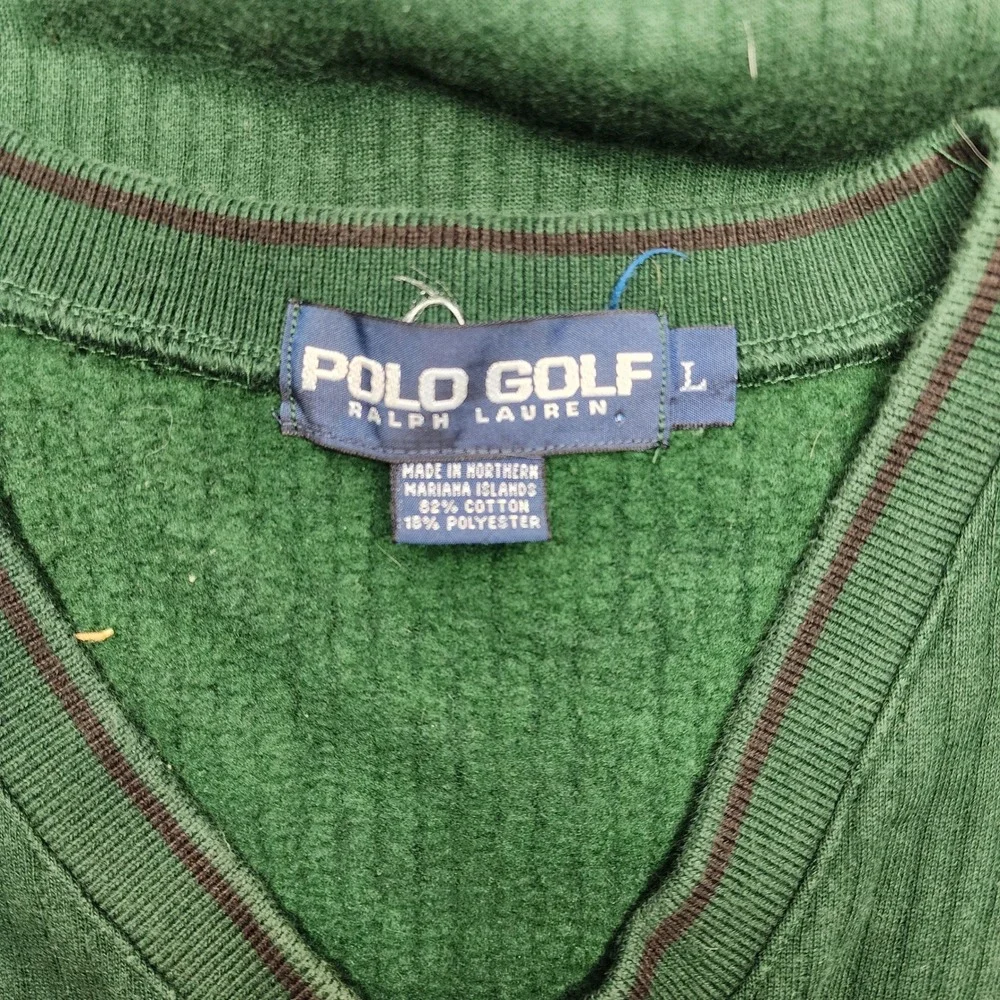 Polo Golf Ralph Lauren Sweater Vest Mens L Green Ribbed V-Neck Fleece Crest Logo